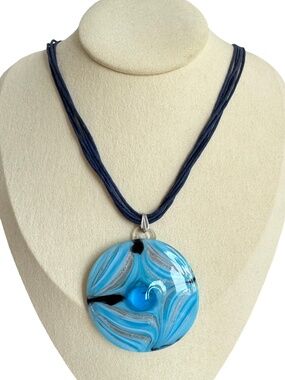 Vintage Blue Swirl Glass Pendant Necklace Multi Strand Cord Boho Statement 16in